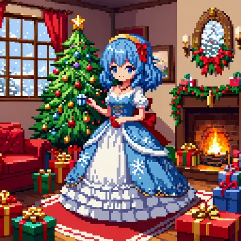  A cozy living room painting ， Full of colorful Christmas gifts ，Christmas tree， Very detailed interior design ，  Lively Colors  ， Pixel Art , Blocks,  Pixel Art 风格, 8-bit graphics, Anime Girl， Messy blue hair ，  blush，  charming smile ， Christmas dress ，H...