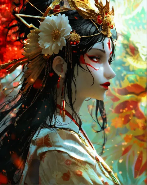 Amaterasu okami, japanese goddes of the sun, full body, wearing kimono white and red, black long hair, pale skin, red facial makeup, posing open arms