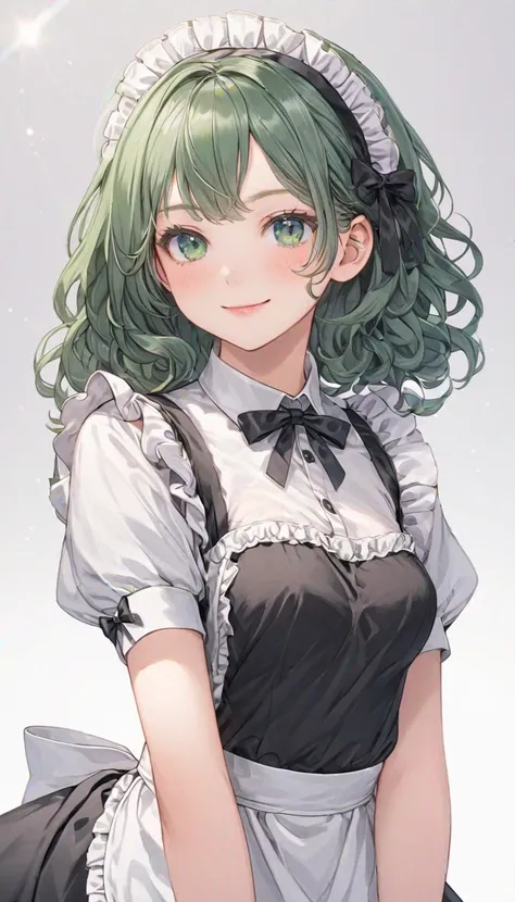  top quality,２d, 1 girl,Age 22,slender, white skin, make up, medium hair,forehead, curly hair, colored like black, dark green eye, light smile, tareme, Look up,small breasts, medium breast, French maid, 