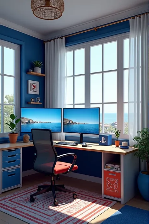  room with home office in nautical style , colors royal blue and white and touches of red ,  place to play play station and vertical lines