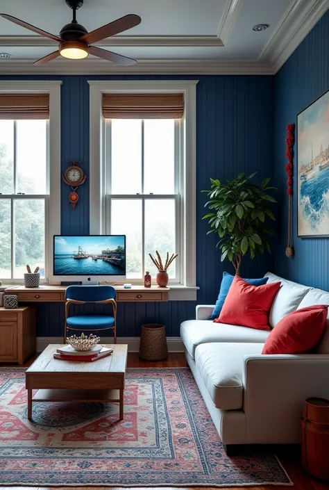 living room with home office in nautical style, colors royal blue and white and touches of red ,  place to play play station and vertical lines