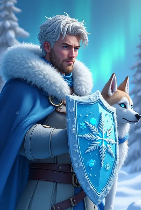 A Whimsical Snowflake Symphony illustration of Ice, short beard and short hair, intenese blue eyes knight with ornamental ice shield, where delicate particles of ice create a magical winter wonderland. At the background husky dog with blue glowing eyes Fea...