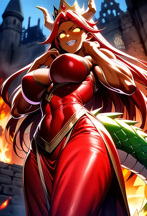 Score_9,Score _8_up,Score_7_up,Score_6_up,Score_5_up,Source_anime,Solo beautiful dragon woman,dark skin,dragon horn,dragon tail,sharp teeth,looking at viewer,grin,(large breast:1.18),wide hip,muscle,glowing yellow eyes,(spiral eyes),fire,BREAK,red hair,lon...