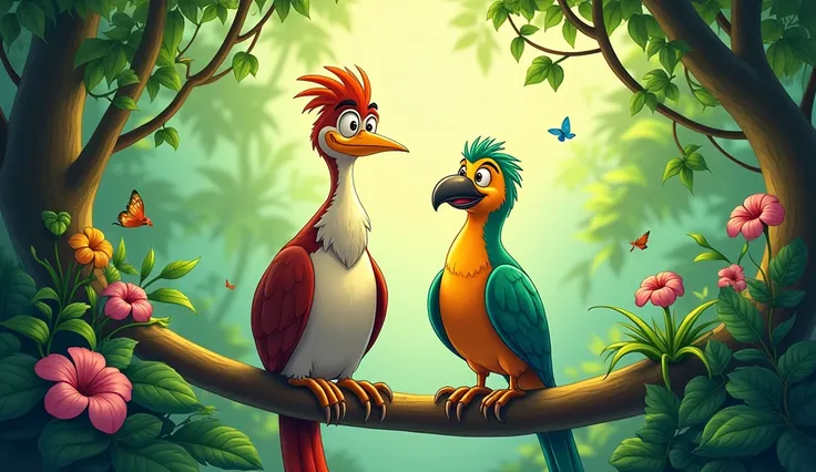  The tall bird Lambu and the parrot happily sitting together on a branch, surrounded by a friendlier jungle environment. Cartoon 