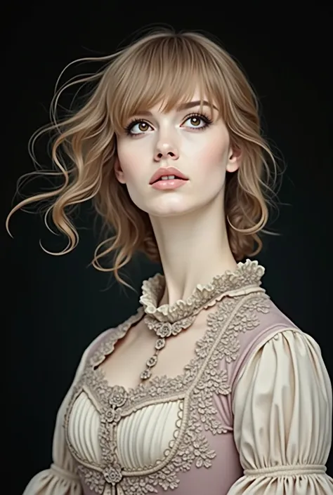  A young and beautiful woman , brown-haired and brown-eyed , She is 21 years old,  set at the time of 1960 in England. Her dress is from the Victorian era, and she has an empty, emotionless, expressionless gaze.