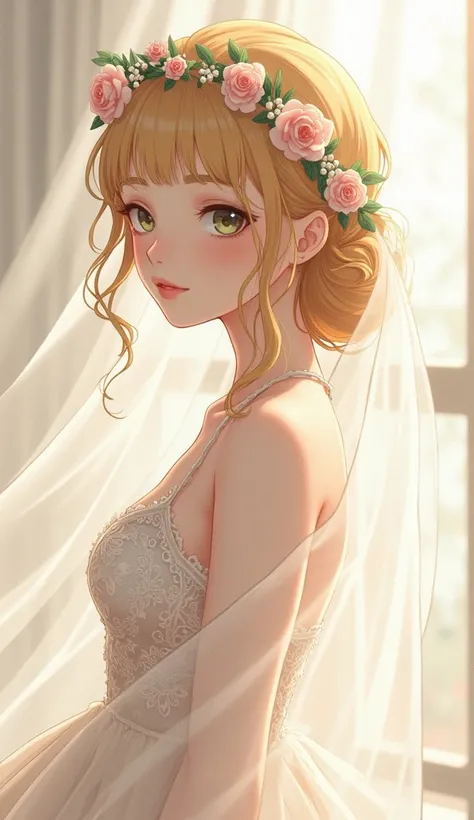 An anime-style illustration depicts a romantic portrait of a young woman with a calm expression. She is dressed in an ivory lace dress adorned with intricate floral patterns. Her golden hair is styled in a loose low chignon, accented by a delicate floral a...