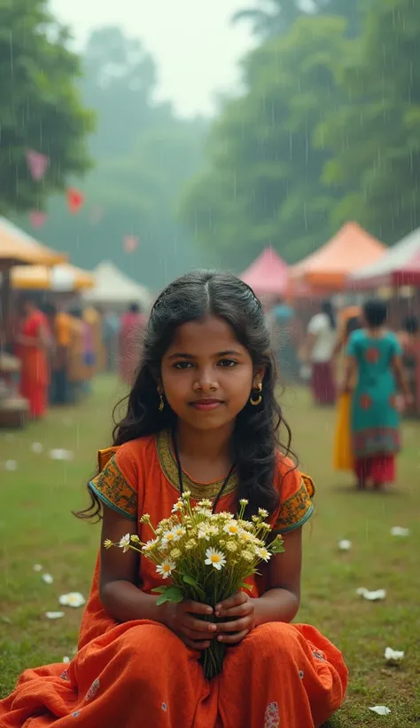 A Bengali girl sitting on a fair with wild flowers in her hand,rainy season , big 