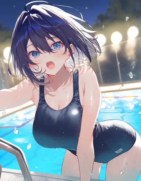 1girl, beautiful breasts,school swimsuit, wet, beautiful detailed eyes,open mouth, pool, outdoors,wind, game CG, break,(artist:kazutake_hazano),artist:fujiyama,artist:Shirabi, break,(masterpiece), (best quality), (ultra-detailed),(Detailed Lighting), very ...