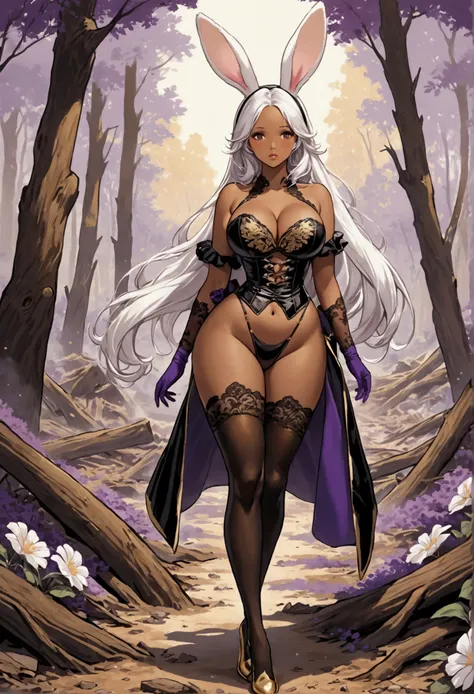 One woman, ((she has natural bunny ears and a bushy tail)), (No human ears), long white hair cascades  completely down the sides of her face, she has dark tanned skin tone, voluptuous body, and she wears a leathery black and gold bustier/one-piece bikini w...