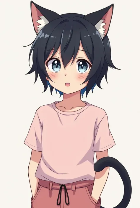 Anime Style,Anime,I just want a neko cat boy with black hair, 1 silver eye and 1 a light blue,  and a little bit of pink shirt , cute pants little to make it cute,1boy 