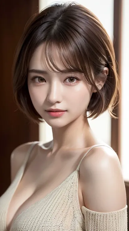 (​masterpiece:1.3), (8k,  photorealistic ,  Original photo,   best image quality: 1.4),  Japanese High School Student 、( random hairstyle :1.2)、  cleavage:1.2、 super detailed face 、 pay attention to the details with the hem of the clothes、 double eyelids 、...