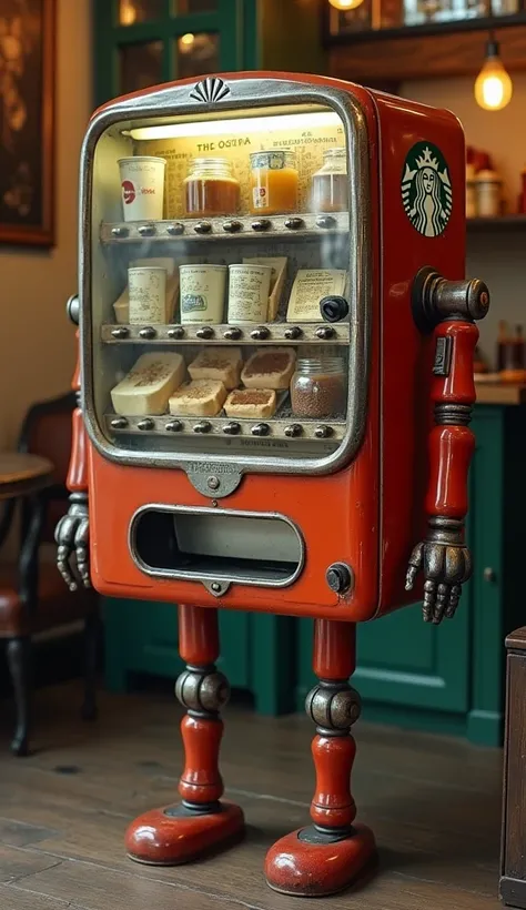 Antique vending machine has long arms and legs,Starbucks coffee vending machine with coffee,cute robot, top quality,movie, 