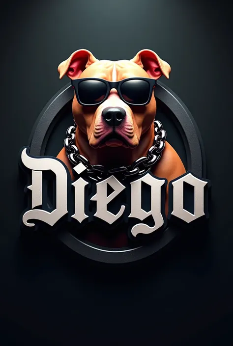 An insane 3d logo with the name DIEGO AND A PITBULL with a chain around the neck and sunglasses
