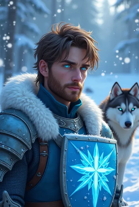 A Whimsical Snowflake Symphony illustration of Ice, short brown beard and short brown hair, intenese blue eyes knight with ornamental ice shield, where delicate particles of ice create a magical winter wonderland. At the background grey husky dog with blue...