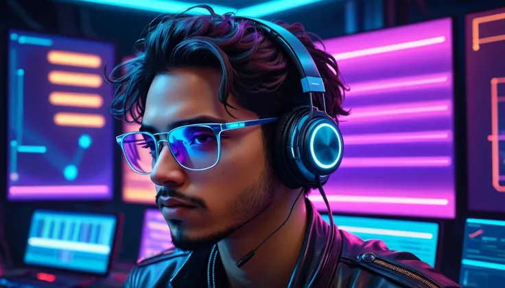 A young man, light skinned,  centered on the image ,  he is intensely focused on a computer . . Hes wearing stylish acrylic mirrored glasses reflecting the colors of the ambient lighting and headphones,  and has short dark brown hair .  Hes wearing a dark ...