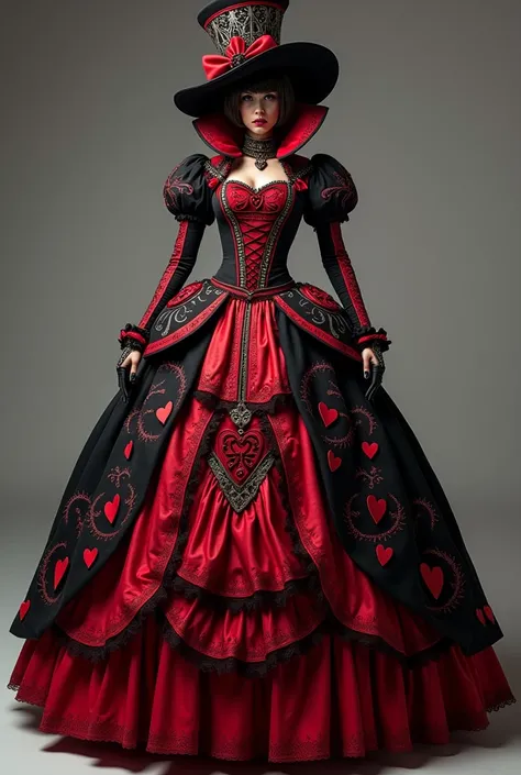  Short dress inspired by the Queen of Hearts, flamboyant bodice ,  multi-layered skirt , decorative hearts, Black hat, high neck 