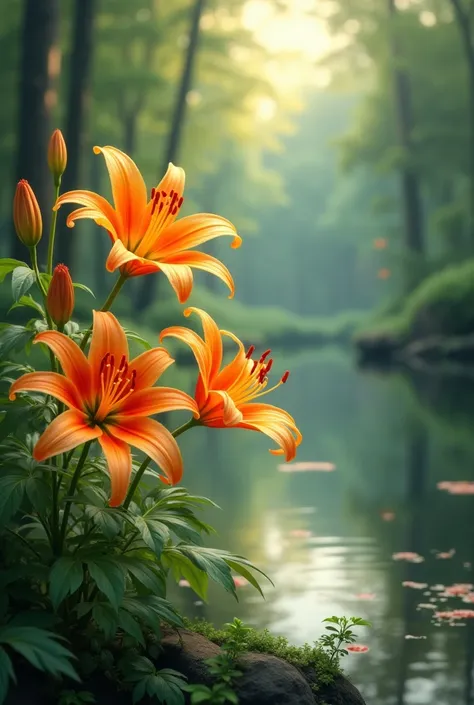 A forest with orange lilies and a pond in the background