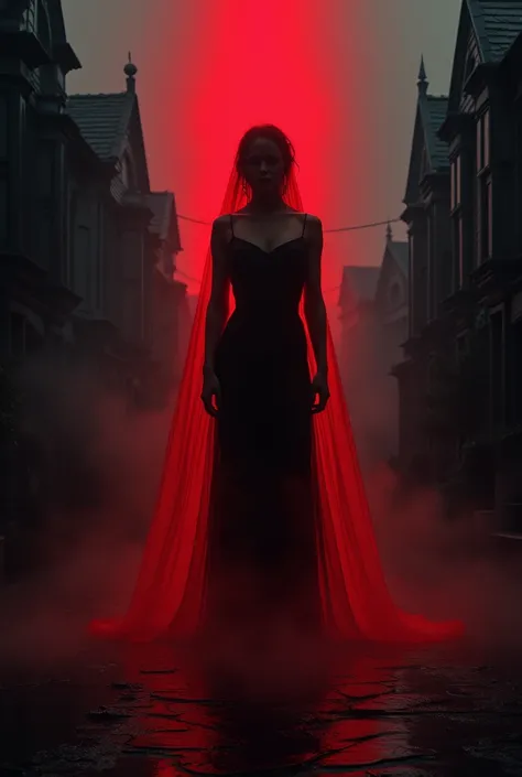 Humanoid silhouette of a woman with no visible facial features ,  with an aura shining in red surrounding her body , in a totally black and dark world ,  silhouettes of Victorian houses and cobblestone street marked only with thin white lines as on a struc...