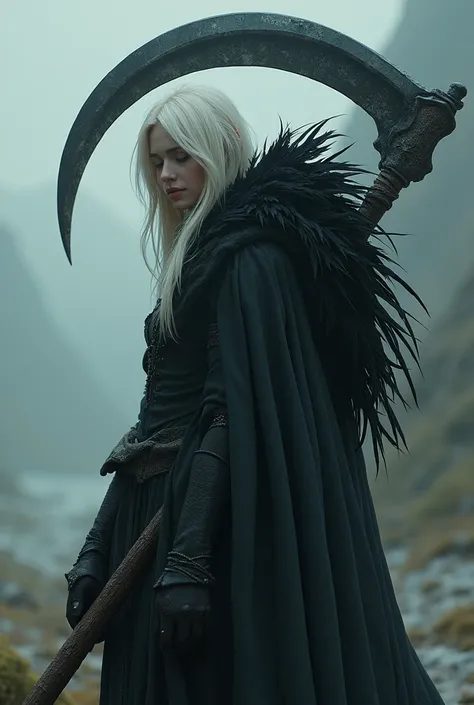 Picture of an adult woman wearing a grim reaper costume。 She has a scythe bigger than the multiverse compared to Earth。 Shes just a grain of sand to Earth 。 She has platinum blond hair 。 with black feathers on her back、sad but loving smile 、