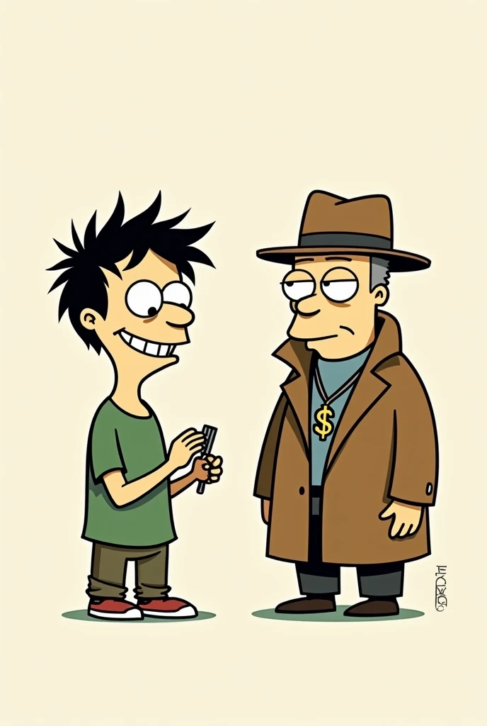  The image shows two characters drawn in a simple, cartoonish illustration style .  The character on the left has unkempt hair ,  big round eyes ,  and is wearing a green t-shirt .  He is smiling mischievously and holding a small object that appears to be ...