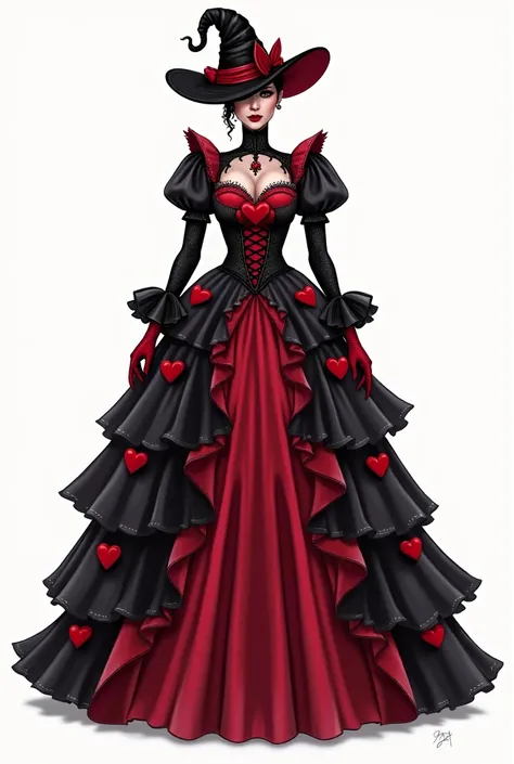  Short dress inspired by the Queen of Hearts, flamboyant bodice ,  multi-layered skirt , decorative hearts, Black hat, high neck, sketch