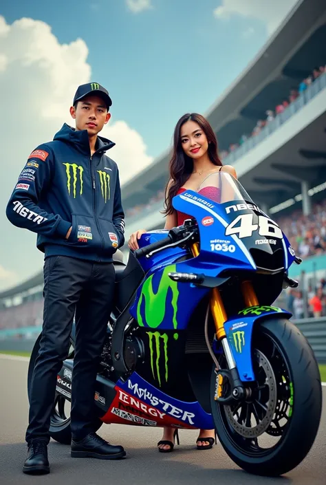 MotoGP Number 29 livery blue Monster energy 2024 racing motorbike, a handsome 25 year old Indonesian man Standing wearing a basketball 12cap, a hoodie sweater jacket, and a beautiful Indonesian woman Wear a dress