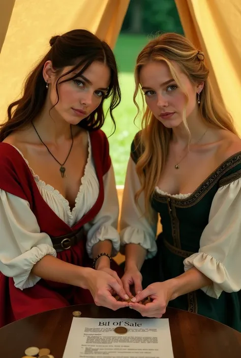 8k, Ultra HD, vibrant lighting, high contrast. Generate an image of two young adult women in medieval dresses, peasant quality, with shawls. They are sitting on a table. The image is from the viewers POV looking down from a high angle. The woman is countin...