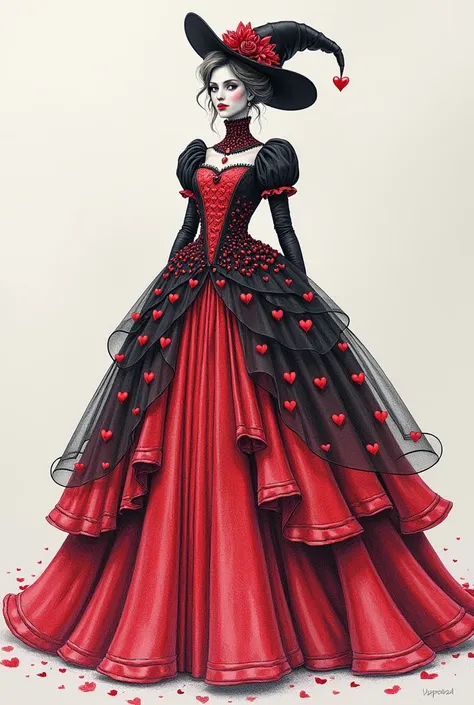  Short dress inspired by the Queen of Hearts, flamboyant bodice ,  multi-layered skirt , decorative hearts, wizards black hat, high neck, Boceto a lapiz