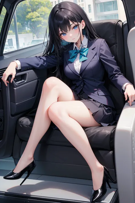 High school students ， already, Black Hair ， With warm blue eyes ， Wore a brand new blue suit and black heels ， Pure white collar and bright green bow 。 has long Black Hair and warm blue eyes ， Lean back in the car seat ， Pose Alluring , spread legs , lowe...