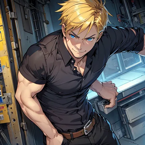 （1 Adult male），A high resolution， Sharp focus， Pixiv masterpiece， （（Complicated details））， highly  detailed， natsuki_subaru， 1 man，perfect male figure，Tired, blue color eyes（eyes glowing), Short yellow hair，black muslce  shirt，Wear a belt, devious smile, c...