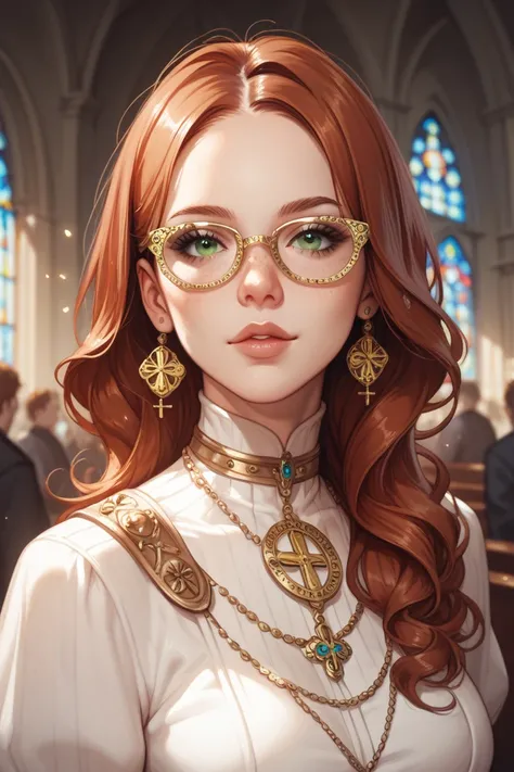 a  girl who is a part of a church with long auburn hair (mix of auburn and silver tips on bottom parts), green eyes (with several gold specs), pendent around my neck