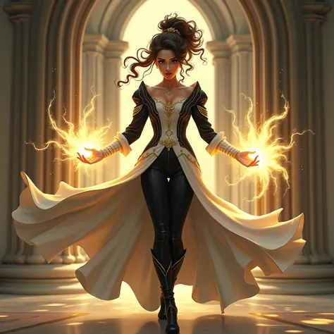 until,  digital illustration,  highly detailed ,  tongue ,  an unrealistic illustration ,  digital painting .  The scene shows a conjurer in a dynamic and powerful pose ,  casting a radiant spell of light . She has curly hair tied back elegantly ,  and wea...