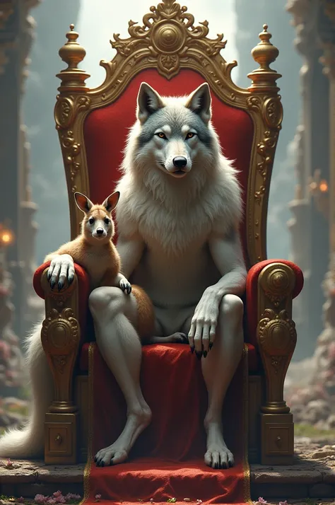 A functioning wolf with a kangaroo seated on a throne 