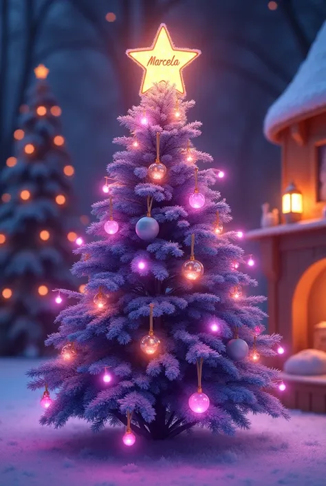 A Christmas tree with purple lights and lots of pastel colored balls a bright star at the tip that says Marcela