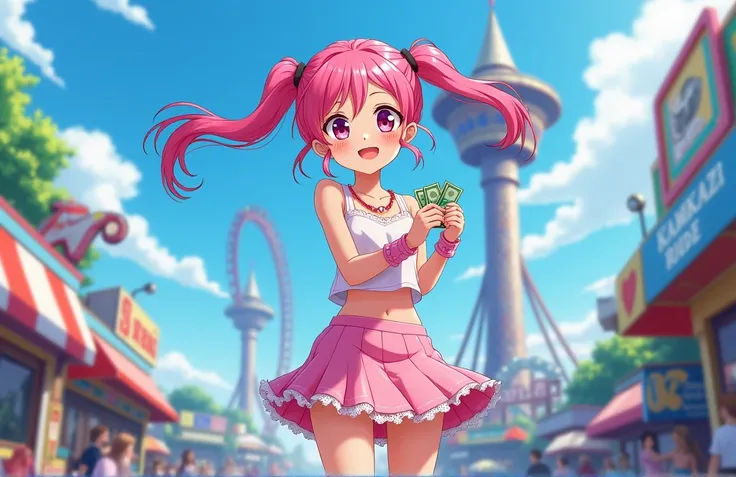 teenage anime female character with pigtails wearing a pink skirt and boots with money in her hands and smiling in an amusement park, she is near the kamikaze