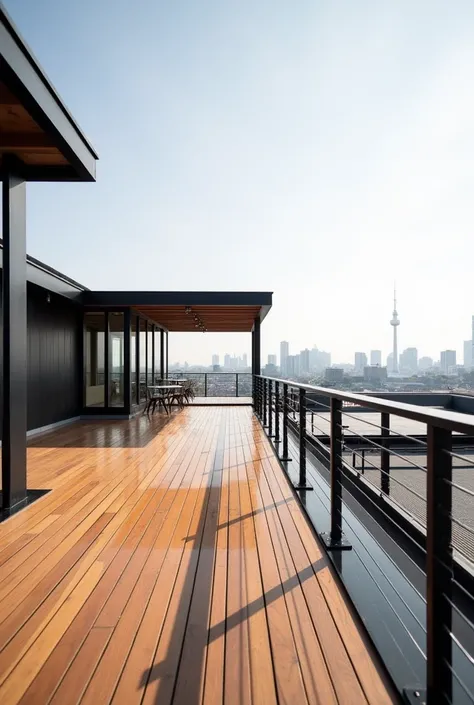 " A large terrace with well-polished wooden floor ,  surrounded by black metal railings with minimalist design .  in the background ,  you can see a roof with a metal structure finished in pergola-like wood,  while on the right there is a flat roof with un...