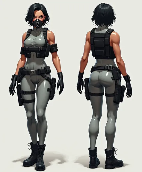 Create a stylized character of a girl designed for a 3D stealth game. The character has tan bronze skin, short wavy hair, black hair, and colored eyes. She is wearing a gray tactical suit, a black metallic muzzle that covers her nose and mouth, a black bul...