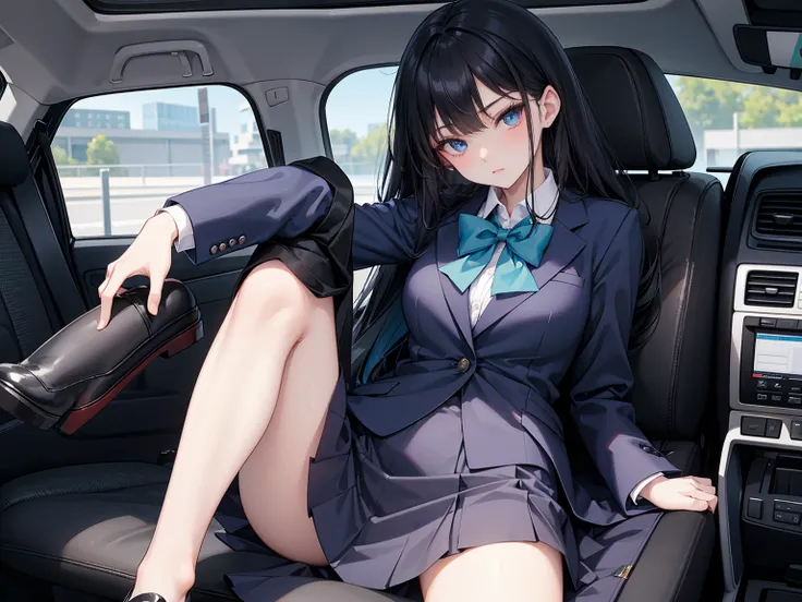 High school students ， already, Black Hair ， With warm blue eyes ， Wore a brand new blue suit and black heels ， Pure white collar and bright green bow 。 has long Black Hair and warm blue eyes ， Lean back in the car seat ， Pose Alluring , spread legs , lowe...