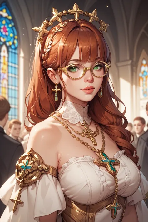 a  girl who is a part of a church with auburn hair that has silver tips blended in, green eyes (with several gold specs), pendent around my neck