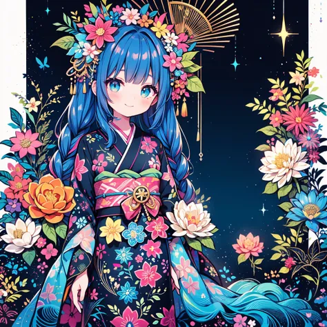 to you,] neon color、 top quality、 Masterpiece、 super detailed、 dynamic best composition 、 simple background、Seven hair colors、 Smooth Straight Hair 、Goth Kimono、whole body、cute、Frills、fun、smile、Hurrah、 Cute and Unique Hairstyles、シアン neon colorパレット、 is hold...