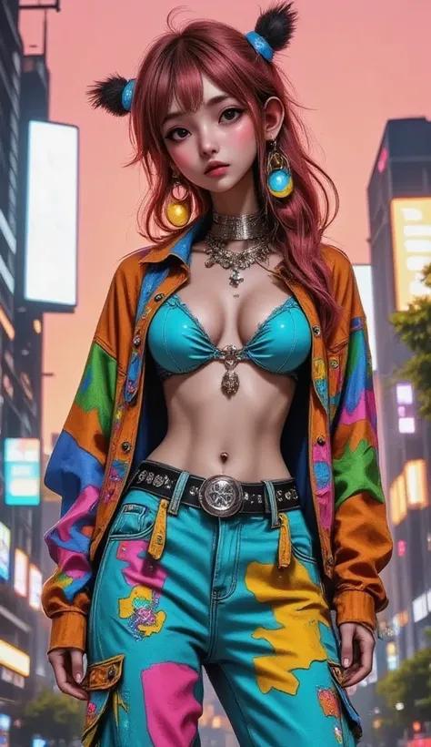  general plan,  full body :1.3,  a painting of a woman with tattoos and clothes all painted with drawings, shoes,  belt on the pants , painted top ,  you can see the cyan bra ,  rasta hair in a ponytail ,  with colored dreadlocks , earrings,  culceras seve...