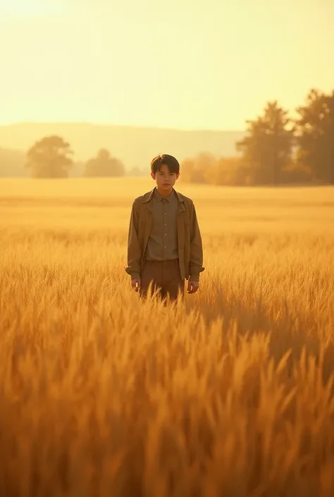 Man with bent knees in the middle of a wheat field 