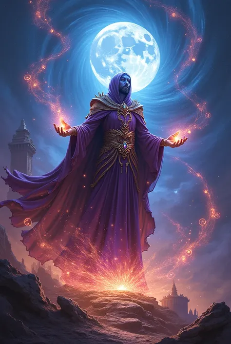 A fantasy card illustration in the style of Magic: The Gathering, depicting a powerful sorcerer standing atop a mountain, casting a spell that manipulates time and space. The scene is filled with swirling cosmic energy, glowing runes, and intricate arcane ...