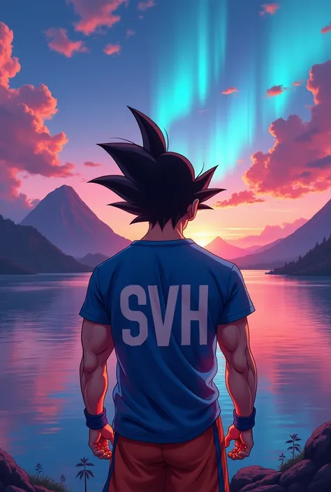 goku(Guatemalan t-shirt)(colores de playera blue,white,blue)( vertical shirt colors)( watching beautiful sunset )(Aurora Boreales )( letters on the t-shirt ,SVh )( Large letters )(beautiful lake in the background )( volcanoes around lake)