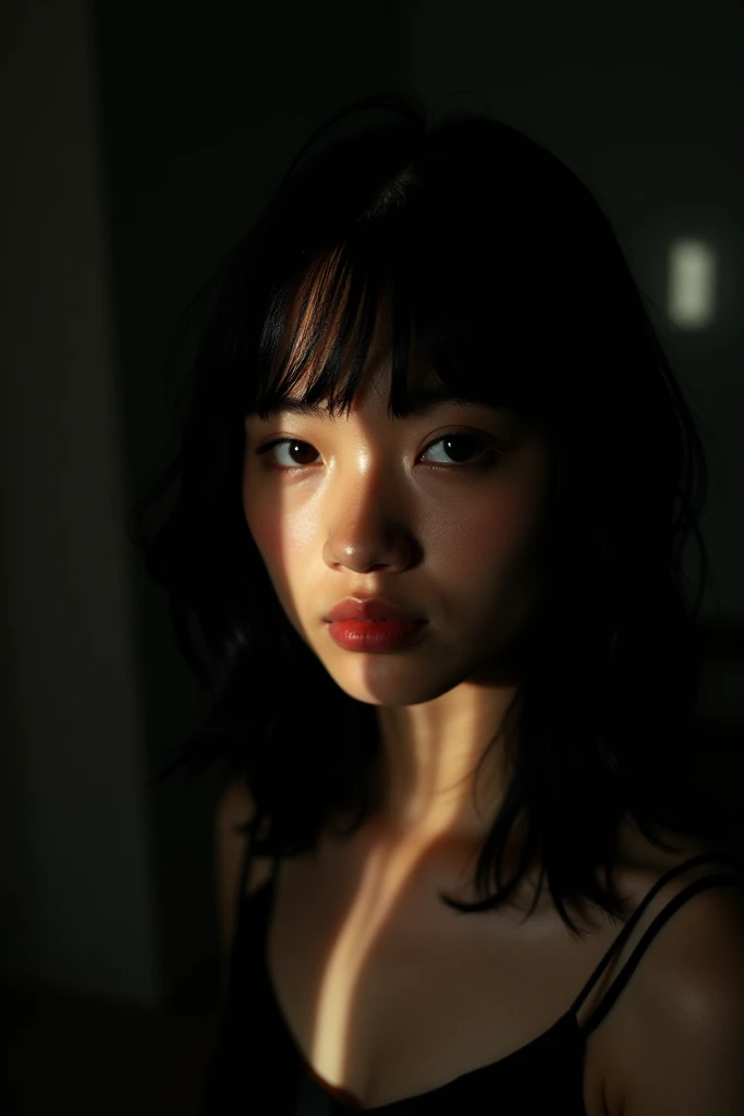 a girl with black hair sitting in her dark room with flash on her face