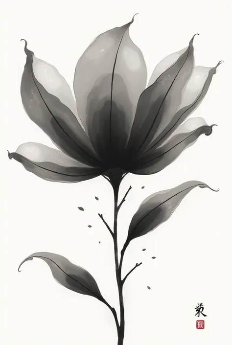 One very large flower,small amount of leaves,Ink Painting, black and white,Brush painting,Ikeo Kukusaki Kuka