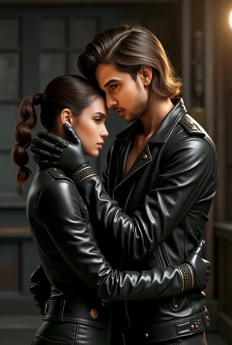 Create an image of a man wearing a black and gold leather jacket bike costume, hugging a girl. The face and hairstyle of the man should remain unchanged. The focus should be on the details of the black and gold costume, reflecting a stylish, modern biker l...