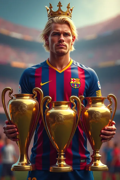 Barça soccer player with blond hair with a crown and 4 trophies 