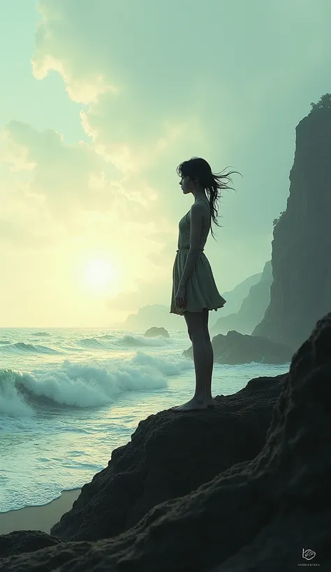 Girl silhouette, standing at the edge of a beach or cliff, staring out