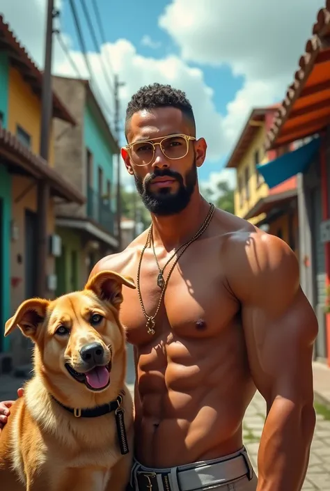 Well defined white man in a favela wearing glasses Juliette Dourada caramel dog without a shirt 